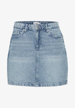 Gonna in denim azzurro chiaro con vita, tasche frontali e taglio dritto. Presenta un classico design a cinque tasche e una texture sottile.