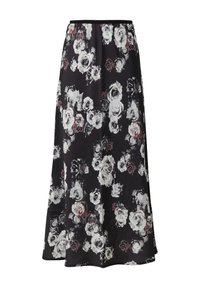 Jupe noire à fleurs, ornée de roses blanches et grises avec des touches de bordeaux. Fabriquée en tissu doux, elle présente une silhouette fluide et une taille élastique.