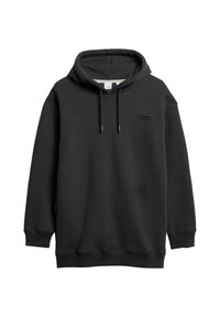 Hoodie noir en mélange de coton, avec une poche kangourou, une capuche ajustable avec cordon et un logo brodé sur la poitrine.