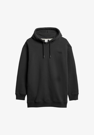 Hoodie noir en mélange de coton, avec une poche kangourou, une capuche ajustable avec cordon et un logo brodé sur la poitrine.