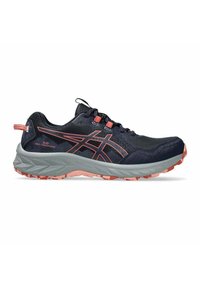 Baskets de course Asics Gel-Venture 10 noires et corail avec tige en mesh, semelle à motifs et accents corail sur le logo, les lacets et la boucle de talon.