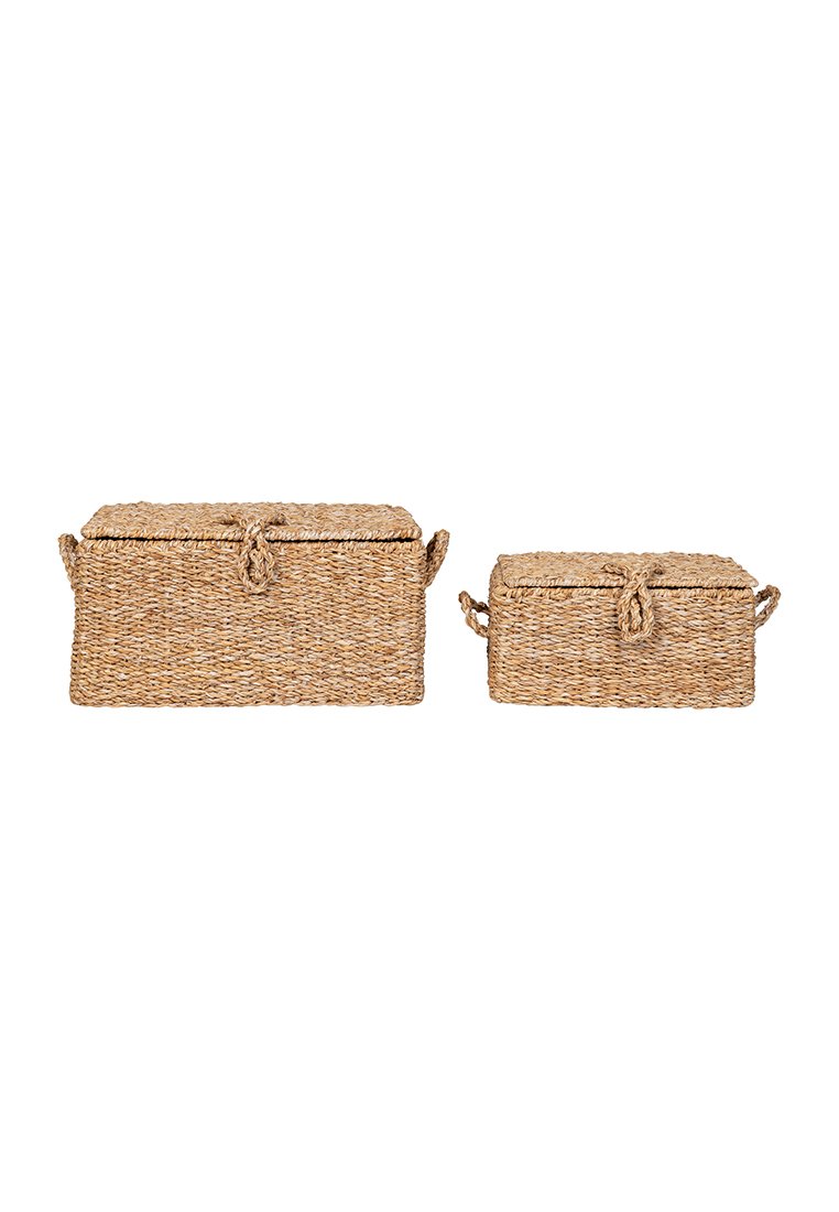Deux paniers de rangement tressés en fibres naturelles, un grand et un petit, de forme rectangulaire, avec des poignées et une finition texturée.