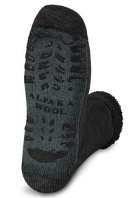 Schwarze Wollsocke mit einer strukturierten rutschfesten Sohle, die mit gepolsterten Grip-Bereichen und aufgedruckten Markenlogos am Boden versehen ist.