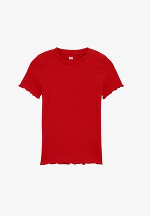 Rotes, kurzärmliges T-Shirt mit Rippstruktur, rundem Ausschnitt und Rüschenärmeln. Weiche Textur, tailliertes Design und ein kurzes Saumende.