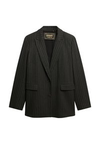 Sort blazer med nålestriber, med klippet revers, enkel knaplukning, to frontlommer og en glat stofstruktur.