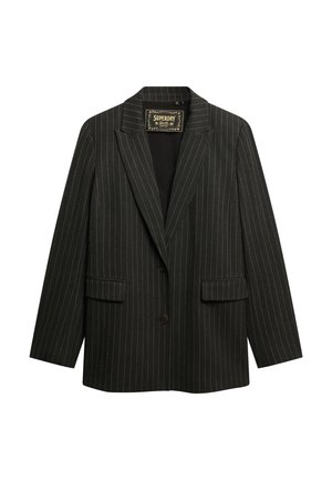 Schwarzer Blazer mit Nadelstreifen, mit Reverskragen, einer Knopfleiste, zwei vorderen Taschen und einer glatten Stoffstruktur.
