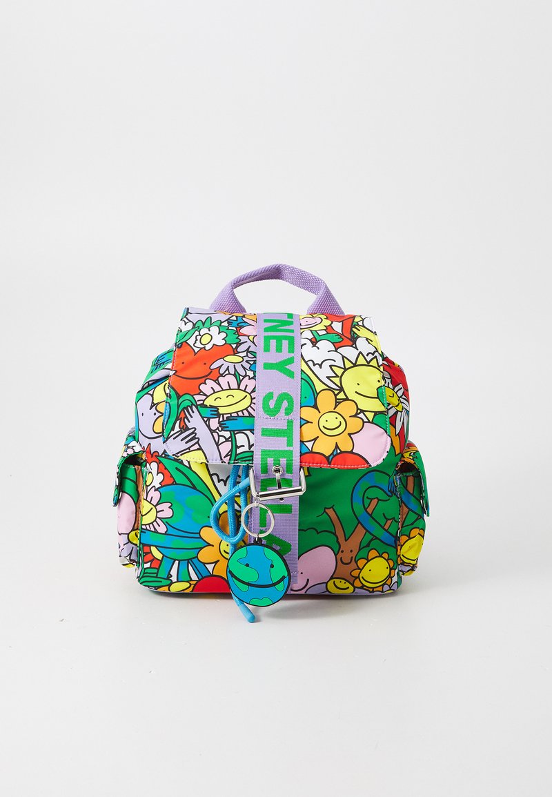 Rucsac colorat cu un design floral și de desene animate. Fabricat dintr-un material durabil, cu o curea mov și un breloc decorativ.