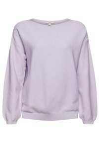 Helllila Pullover, gerippte Textur, weit ausgeschnittener Hals, lange Ärmel und eng anliegender Saum. Einfaches Design mit einem weichen, gemütlichen Erscheinungsbild.