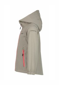 Vaaleanharmaa hupparimainen softshell-takki, jossa on korallinväriset vetoketjuviilaukset, joustavat hihansuut ja "ICEPEAK"-logot rinnassa ja hihassa.