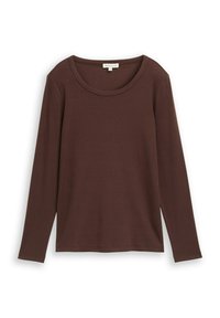 Braunes Langarmshirt aus weichem Stoff, mit rundem Ausschnitt und geradem Saum, sowie seitlichen Schlitzen für mehr Bewegungsfreiheit.