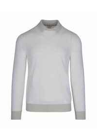 Maglione lavorato a maglia bianco con colletto, maniche lunghe e rifiniture grigie ai polsini e all'orlo. Design versatile con una texture sottile.