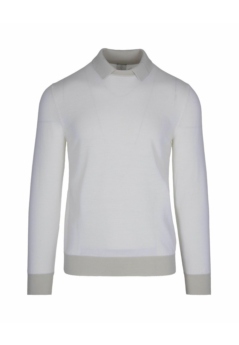 Maglione lavorato a maglia bianco con colletto, maniche lunghe e rifiniture grigie ai polsini e all'orlo. Design versatile con una texture sottile.