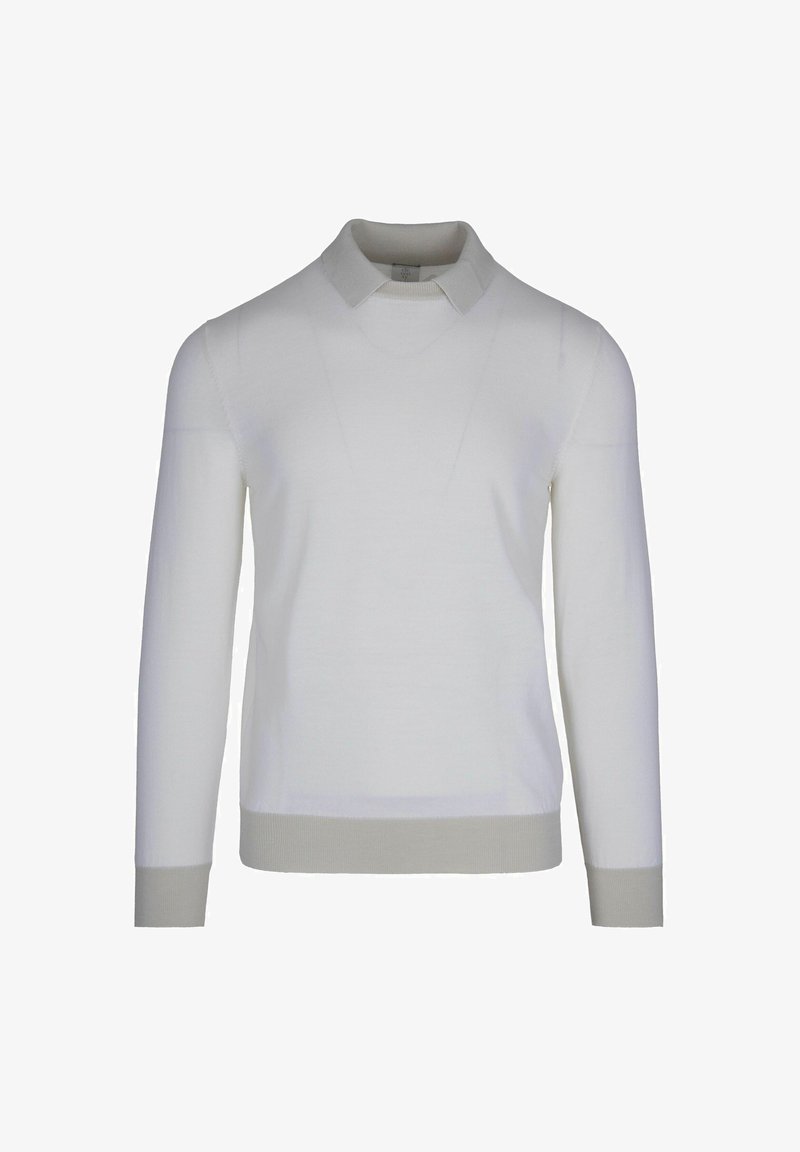 Maglione lavorato a maglia bianco con colletto, maniche lunghe e rifiniture grigie ai polsini e all'orlo. Design versatile con una texture sottile.