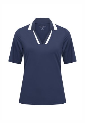 Marineblauw poloshirt met korte mouwen, V-hals en witte kraagaccenten. Gemaakt van een glad, ademend materiaal. Casual ontwerp.