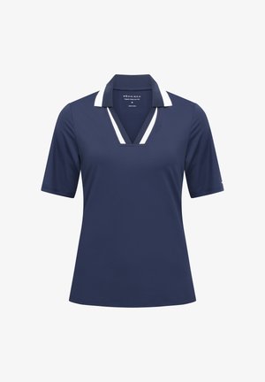 Navyblå polo med korte ærmer, V-hals og hvide kraveaccenter. Fremstillet af en glat, åndbar stof. Casual design.