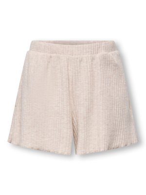 Pantaloncini beige a coste, in maglia, con cintura elastica, vestibilità ampia e linee verticali testurizzate.