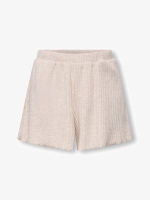 Pantaloncini beige a coste, in maglia, con cintura elastica, vestibilità ampia e linee verticali testurizzate.