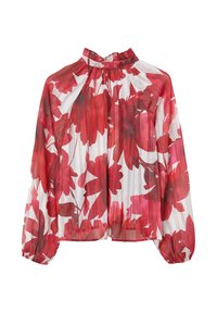 Red and white floral blouse with pleated texture, high neck, and elasticized cuffs. Features large, vibrant flower pattern on sheer fabric.