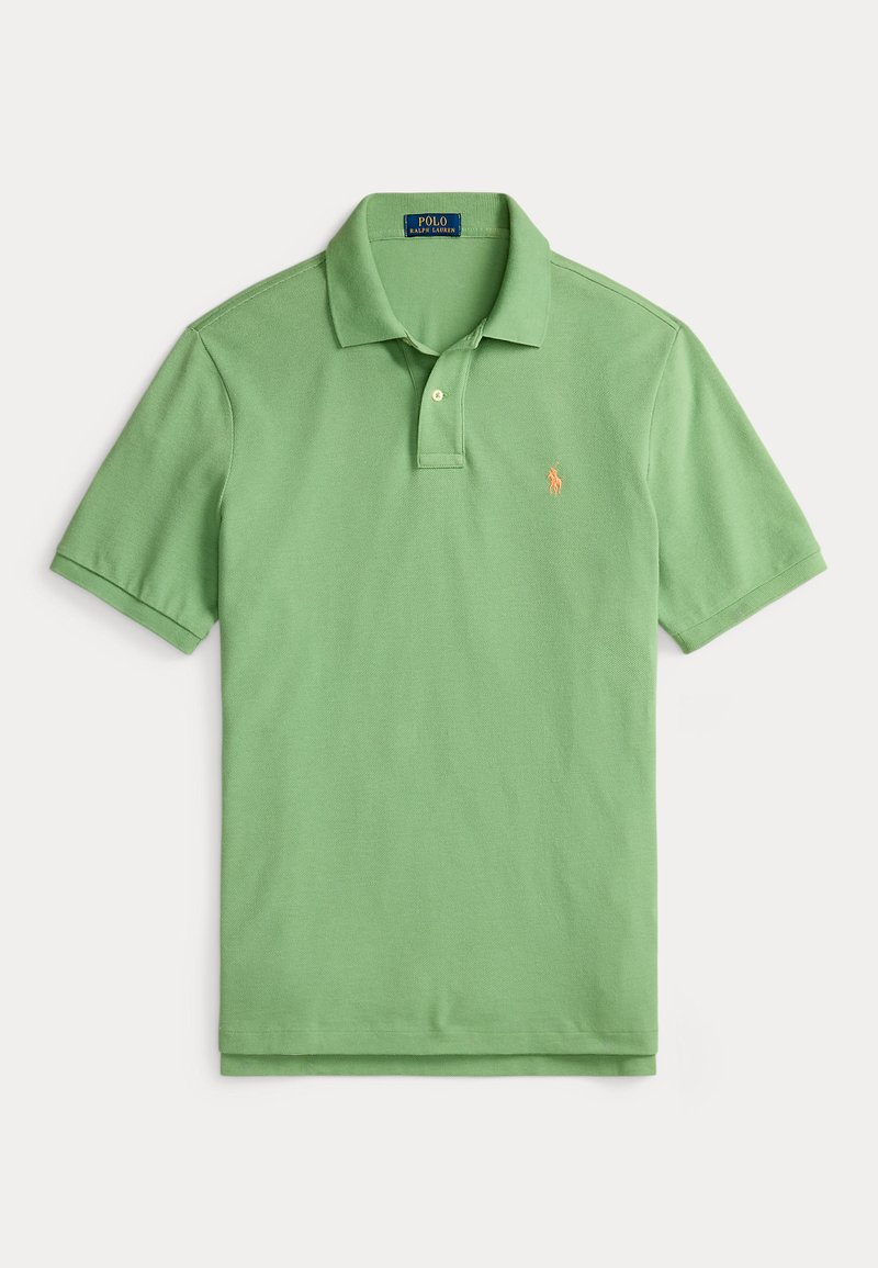 Polo shirt in pastelgroen, korte mouwen, van katoen. Bevat een placket met twee knopen en een geborduurd logo in oranje.