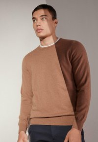Brauner Kaschmirpullover mit Rundhalsausschnitt und langen Ärmeln, der ein zweifarbiges Design mit helleren und dunkleren Tönen aufweist. Glatte Textur.