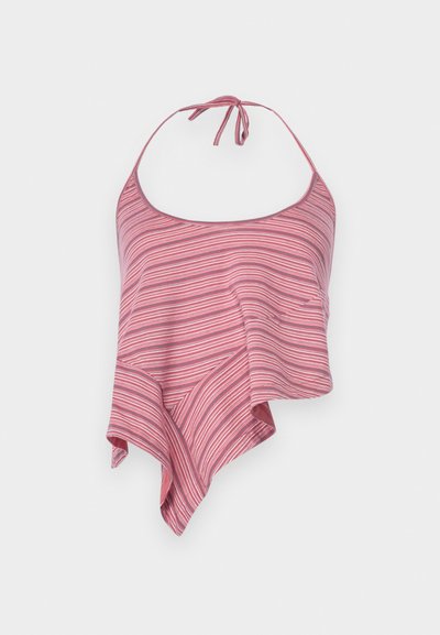 Haut halter rayé en rose et blanc, avec un design fluide et asymétrique, doté d'une fermeture à nouer au cou. Tissu doux et léger.