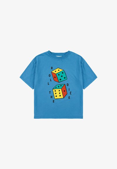 Blue cotton t-shirt featuring a graphic print of two colorful dice and the text "ROLL THE DICE." Short sleeves and a crew neck design.
