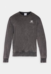 Sweat-shirt Champion gris foncé à manches longues avec col rond et petit logo sur la poitrine et le poignet de la manche, présenté à plat sur fond blanc.