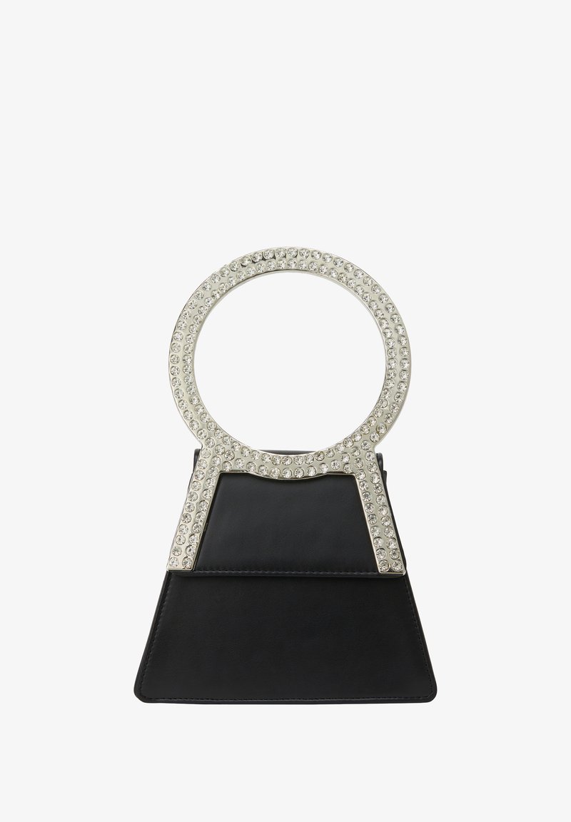 Sort læderhåndtaske med et stort, cirkulært håndtag prydet med rhinsten, med en struktureret krop og glat tekstur.