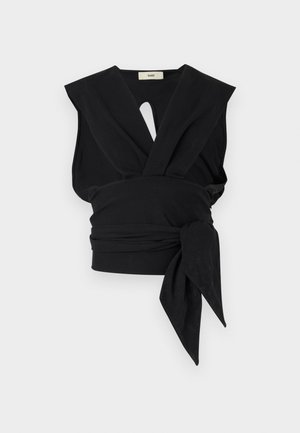 Black sleeveless crop top with deep V-neck, wide padded shoulders, and a large side tie at the waist against a white background.