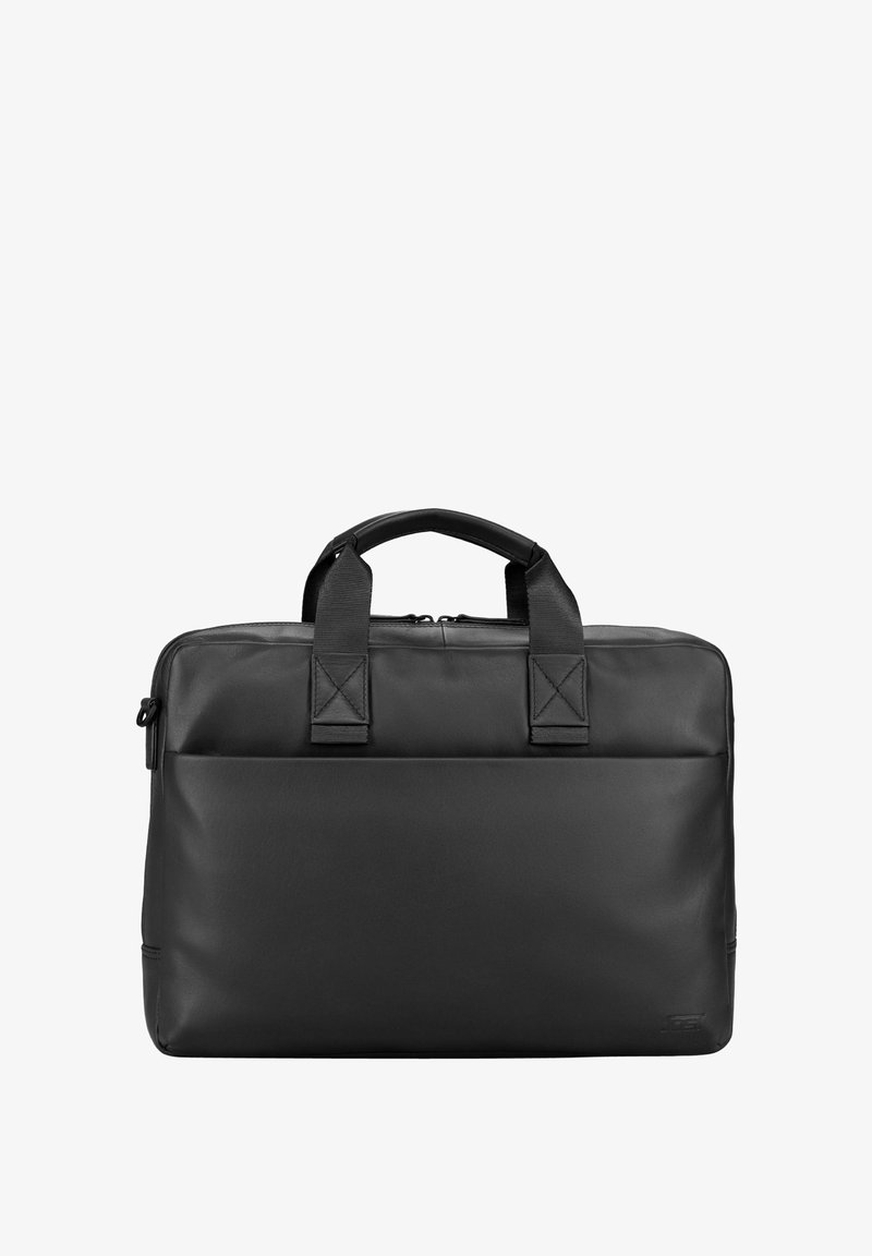 Schwarze Laptop-Tasche aus glattem Leder mit zwei Griffen, einem Reißverschluss und einer Fronttasche mit schlichten Ziernähten.