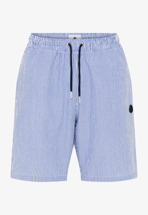 Pantaloni da nuoto a strisce blu e bianche con vita elastica, chiusura con cordino e un piccolo logo nero sulla parte sinistra.