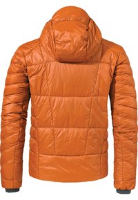 Oranger Puffer-Jacke mit einem gesteppten Design und Kapuze. Hergestellt aus einem glänzenden Material, mit horizontalen und vertikalen Steppnähten.