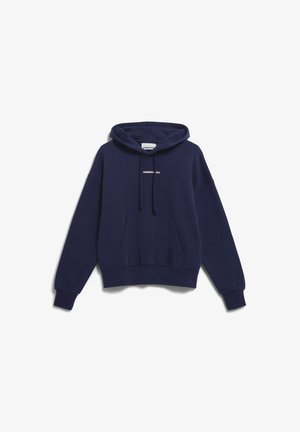 Navyblauer Pullover-Hoodie aus Baumwoll-Mischung. Verfügt über eine Kängurutasche, gerippte Bündchen und eine Kapuze mit Schnürzug. Weißes Logo auf der Brust.