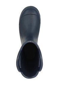 Marineblauwe rubberen laars met een gladde oppervlakte, ronde neus en een licht uitlopende bovenopening. Het interieur heeft een gestructureerde, zwarte voering.
