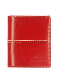 Portafoglio in pelle rossa con superficie testurizzata, cuciture bianche e logo impresso. Presenta un design a pieghe per un facile accesso.