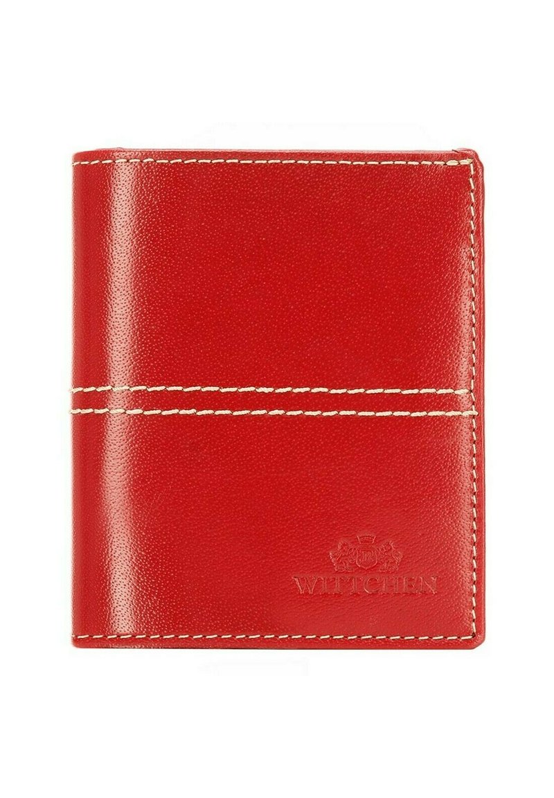 Portafoglio in pelle rossa con superficie testurizzata, cuciture bianche e logo impresso. Presenta un design a pieghe per un facile accesso.