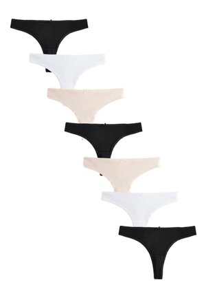 Syv bomuldstanga i sort, hvid og beige arrangeret vertikalt på en hvid baggrund.