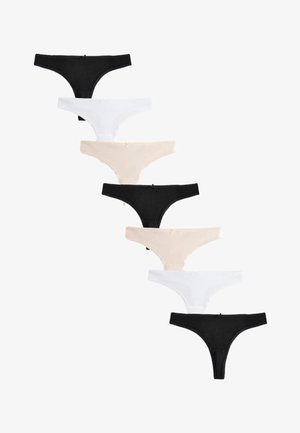 Sette perizoma in cotone neri, bianchi e beige disposti verticalmente su sfondo bianco.