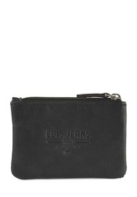 Cartera de cuero negra, cierre de cremallera, logo en relieve "LOIS JEANS 1962", textura suave, forma rectangular compacta, detalles de hardware mínimos.