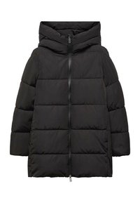 Manteau d'hiver noir rembourré avec coutures horizontales, fermeture éclair frontale intégrale, manches longues et grand capuchon.