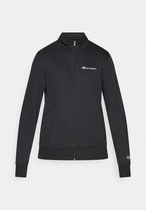 Zwarte zip-up sweatshirt gemaakt van een katoenmix met een hoge kraag, voorzien van zakken aan de voorkant en een wit geborduurd logo op de linkerborst.