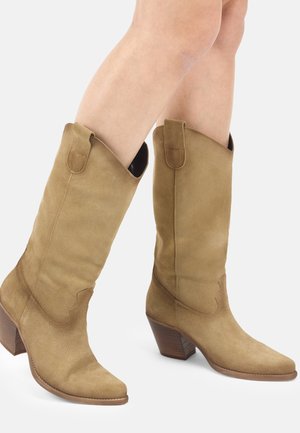 Braune Wildleder-Stiefel bis zur Mitte der Wade mit spitzen Zehen, hölzernen Blockabsätzen und Laschen, getragen an nackten Beinen vor weißem Hintergrund.