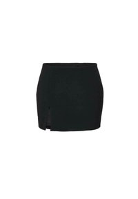 Fustă mini neagră din material elastic, prevăzută cu o deschizătură frontală, croială ajustată și suprafață netedă, texturată.