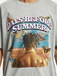 Camiseta de algodón gris con un gráfico colorido de una figura rodeada de mariposas y el texto "DÍAS ANTES DEL VERANO" arriba.
