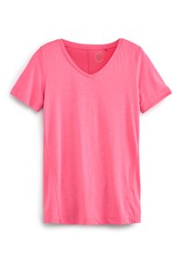 Lyserød T-shirt med korte ærmer og V-udskæring, lavet af blødt materiale med en glat tekstur, og med sidesømme for en skræddersyet pasform.