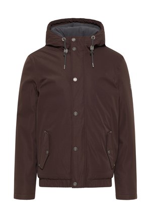 Brown waterproof jacket with a hood, metallic snaps, adjustable drawstrings, side pockets, and elasticized cuffs. Smooth texture.