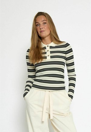 Langarm polo shirt in zwart en crème strepen met een kraag en een drieknops sluiting. Zacht, getailleerd breigoed.