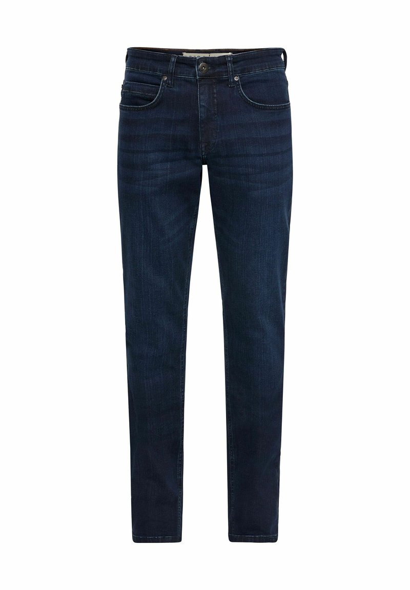 Jean en denim bleu foncé avec une coupe droite, cinq poches et une fermeture à boutons classique. Texture lisse avec un léger dégradé et des détails de couture.