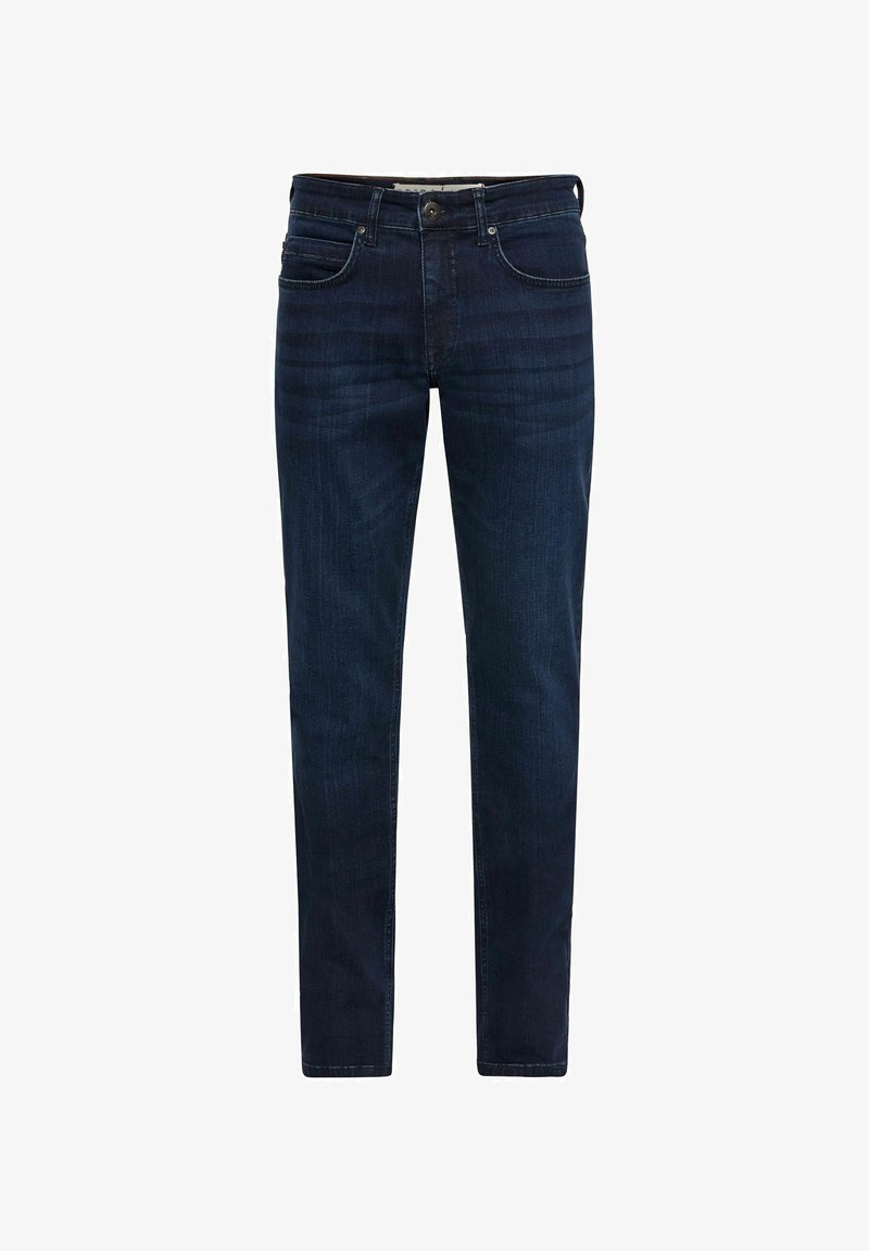 Donkerblauwe denim jeans met een recht gesneden pijp, vijf zakken en een klassieke knoopsluiting. Soepele textuur met subtiele vervaging en stikseldetails.