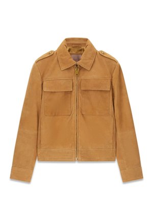 Beige Wildlederjacke mit vorderem Reißverschluss, zwei klappbaren Brusttaschen, mit Knöpfen versehenen Schulterepauletten und spitzem Kragen.